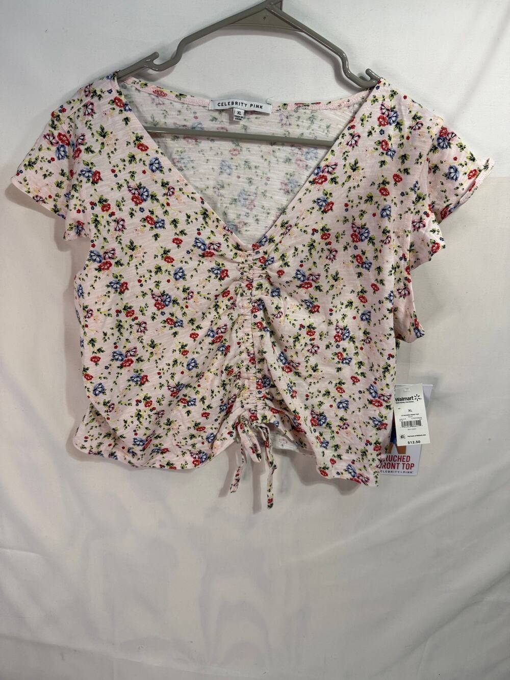 Celebrity Pink XL Floral Ruched Front V Neck Short Sleeve Top NWT